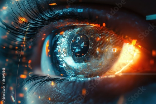 Futuristic data visualization reflected in a human eye showcasing advanced technology, Wide view of an eye engaged in a futuristic data stream visualizing the potential of modern science
