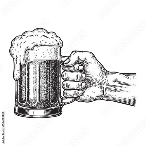 Hand Holding Foaming Beer Mug Vector Engraving Illustration