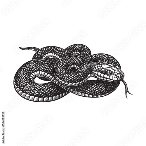 Coiled Snake Vector Engraving Illustration