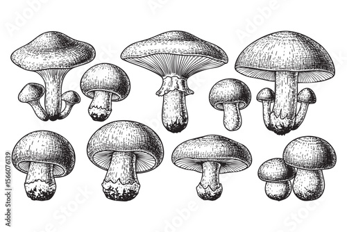 Wild Mushrooms Vector Engraving Set