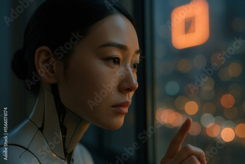 Melancholy Android Touching Rain-Streaked Window Over Futuristic Cityscape