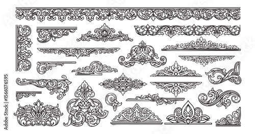 Ornate Decorative Borders Vector Engraving Set