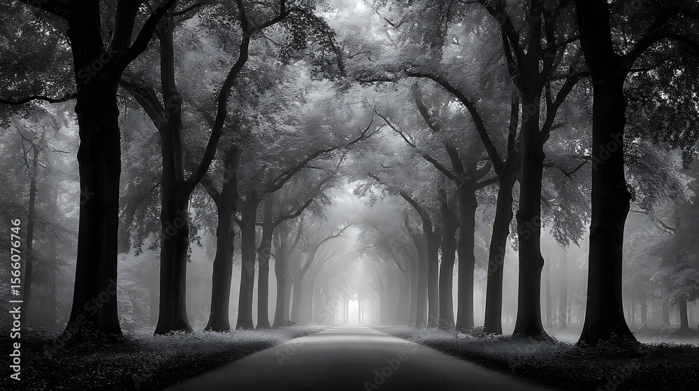 Obraz premium Foggy trees lining a path