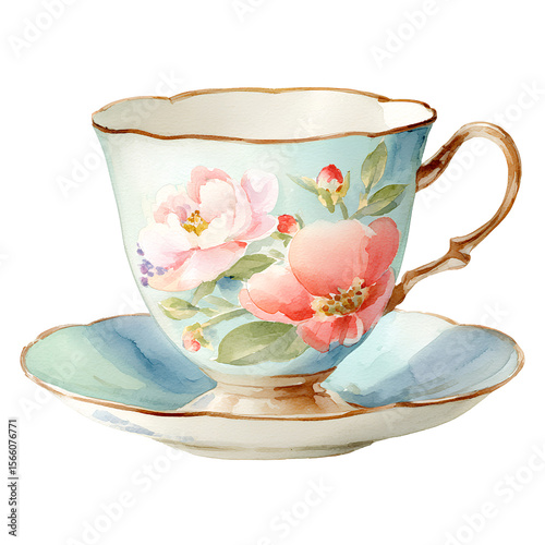 Watercolor vintage teacup and saucer, pastel colors isolated on transparent background,