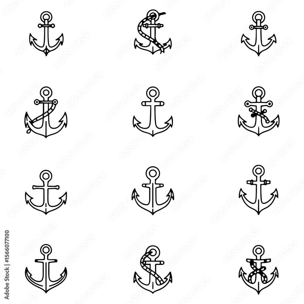 Fototapeta premium Set of stylish anchor designs are crafted with the clean lines and bold aesthetic of modern tattoo art