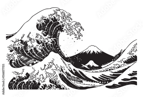 Great Wave Japanese Art Vector Engraving Illustration