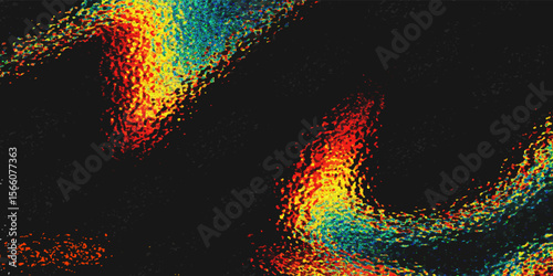 Grainy noise texture gradient surface. Black, red, yellow and blue colors. Bitmap dithering background.