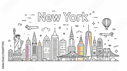 Brooklyn Bridge vector illustration with NYC skyline landmarks; ideal for travel ads, postcards, souvenirs, and citythemed designs.