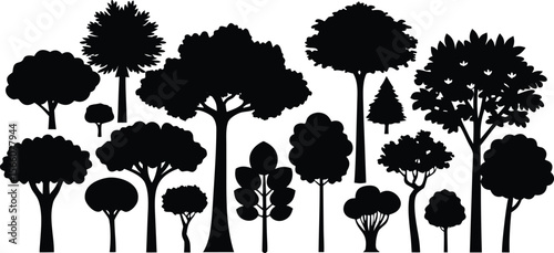 A vector set of diverse tree silhouettes, perfect for illustrating nature and forest designs