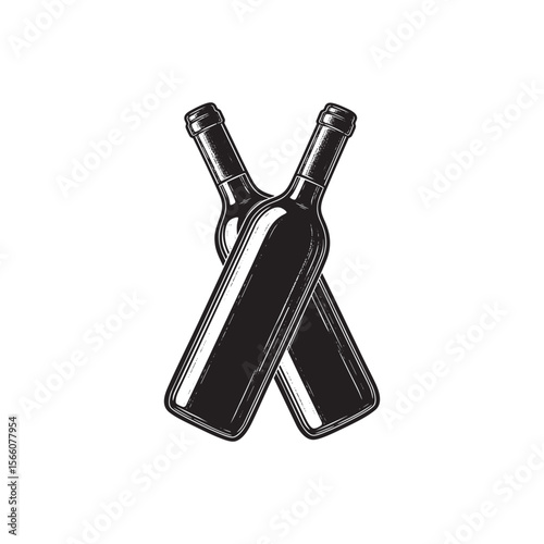 Crossed Wine Bottles Vector Engraving Illustration