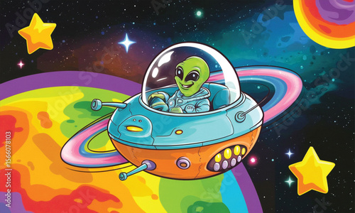 Whimsical Cartoon Alien Spaceship Wallpaper Flying Over Colorful Planet with Rings and Stars