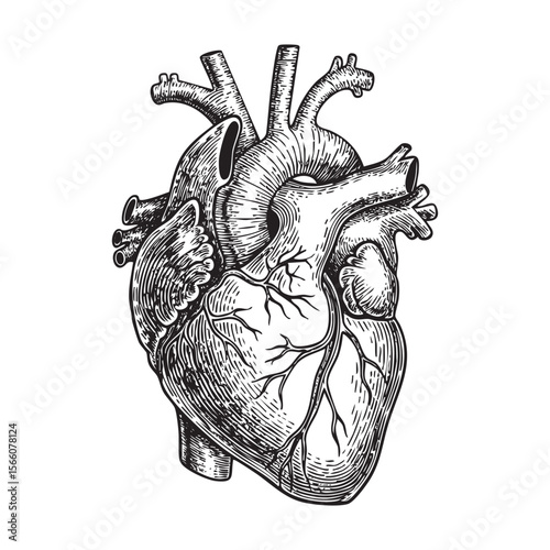 Human Heart Anatomy Vector Engraving Illustration