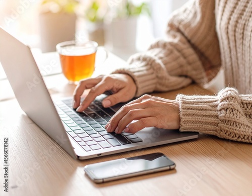 Close-up of a woman working on a laptop at a home office, with a cup of tea and a phone nearby.