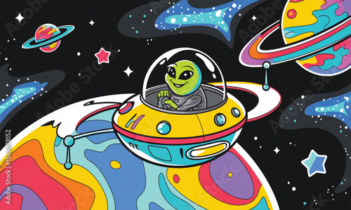 Whimsical Cartoon Alien Spaceship Wallpaper Flying Over Colorful Planet with Rings and Stars