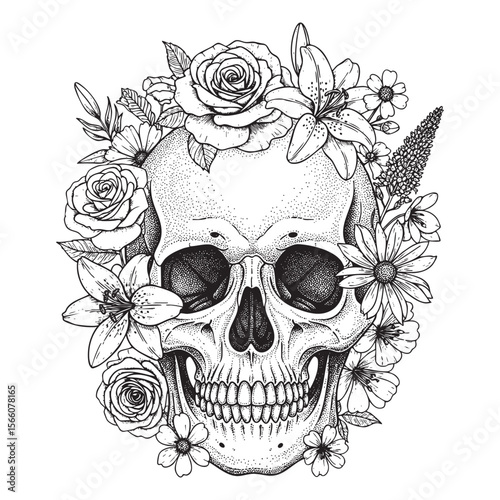Floral Skull Vector Engraving Illustration
