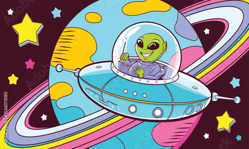 Whimsical Cartoon Alien Spaceship Wallpaper Flying Over Colorful Planet with Rings and Stars