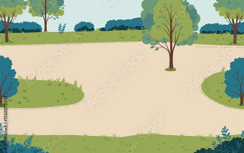 Vector illustration of a peaceful park with lush green trees and a winding pathway. The tranquil scenery captures the essence of nature, ideal for backgrounds and designs.