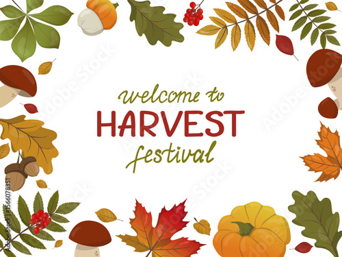 Vector illustration depicting a colorful "Welcome to Harvest Festival" text surrounded by autumn leaves, mushrooms, and pumpkins, capturing the essence of a festive autumn celebration.