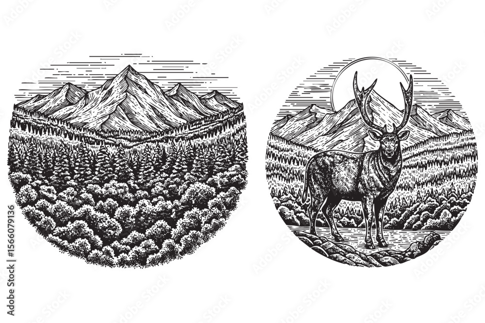 Obraz premium Mountain Forest and Wildlife Vector Engraving Set in Circles