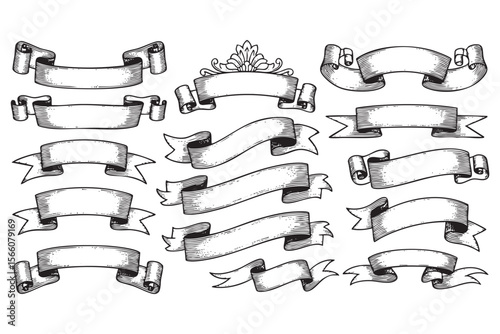 Collection of Vintage Ribbons and Crown Banner Vector Engraving Set