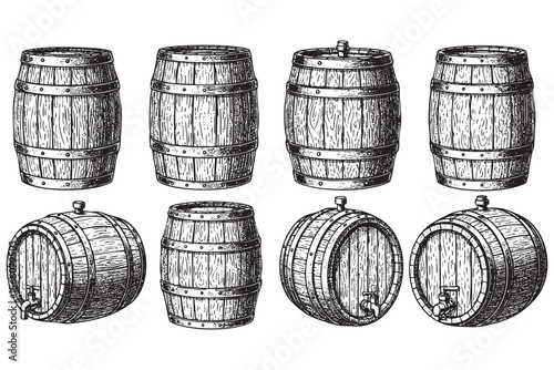 Collection of Wooden Barrels Vector Engraving Set