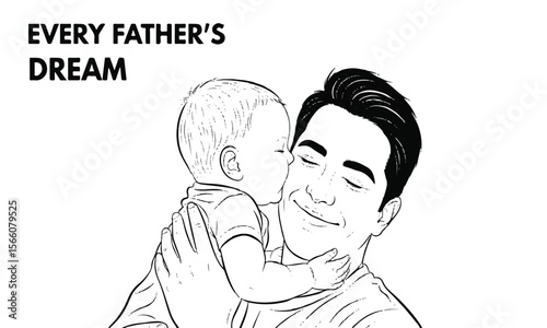 Every father's dream, line drawing of a baby kissing father's cheek