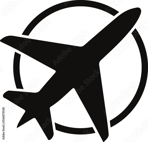 Airplane Icon in Circle: A simple yet effective black airplane icon enclosed within a circle, symbolizing air travel, journey, and global connection.