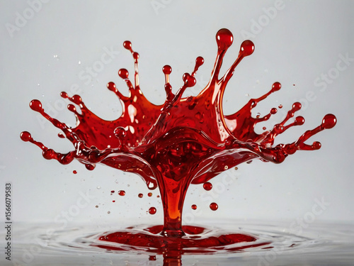 Vivid red liquid splash frozen in motion droplets