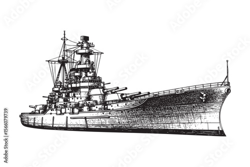 Warship Vector Engraving Illustration