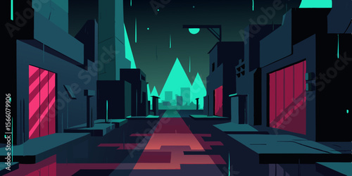 Dystopian Alley With Flickering Holograms Rain And Neon Glow