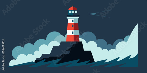 Foggy Coastal Lighthouse Flashing Through Thunderstorm