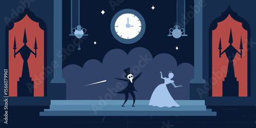 Gothic Ballroom With Frozen Clock And Phantom Guests