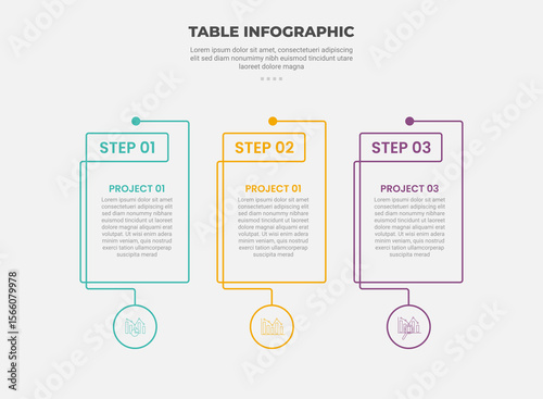 pricing table box infographic outline style with 3 point template with creative box with circle badge at bottom for slide presentation