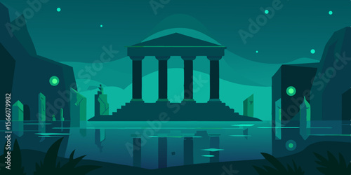 Half Submerged Ruin With Glowing Underwater Temple