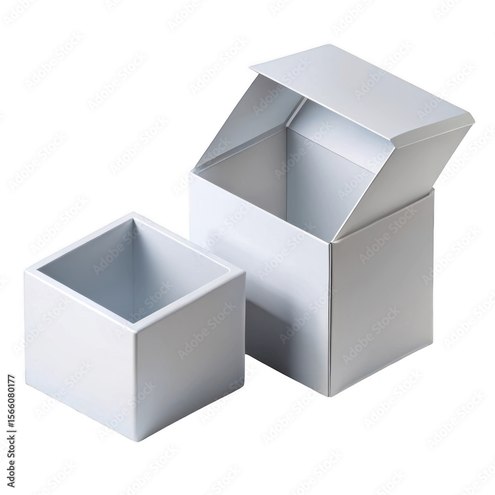 Two white square boxes one open and one closed isolated on transparent background Two white square boxes one open and one closed isolated on transparent background