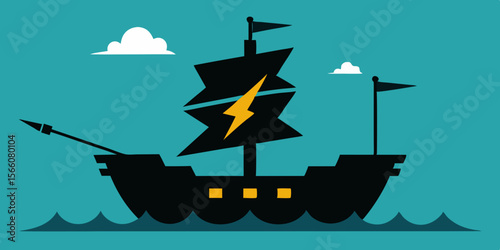 Storm Tossed Pirate Ship With Tattered Sails And Lightning