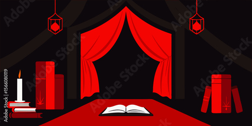 Vampire's Study Lined With Red Velvet Curtains And Books