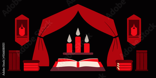 Vampire's Study Lined With Red Velvet Curtains And Books