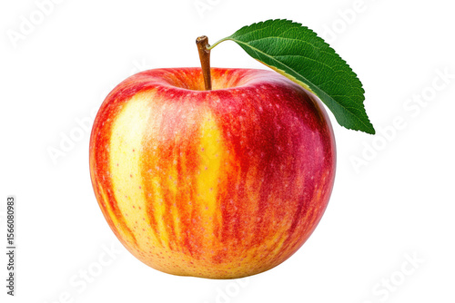 Ripe red and yellow apple with green leaf isolated on transparent background