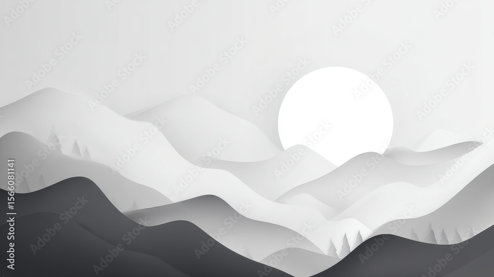 Fototapeta premium Monochromatic landscape featuring rolling hills under a large sun, evoking tranquility and depth