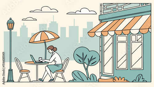 Woman working remotely at outdoor cafe with laptop under umbrella in city background vector illustration