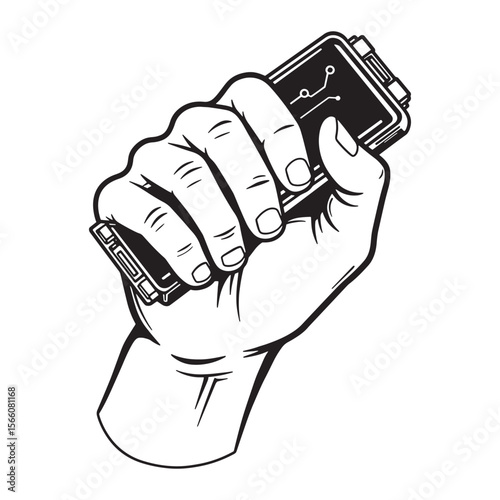 A hand firmly gripping a black box illustration with circuit board graphic detail