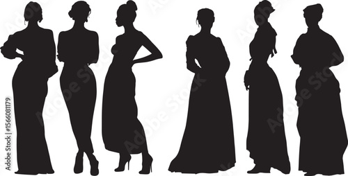Modern and Vintage Women Silhouettes Collection. Female Fashion Poses Vector Set