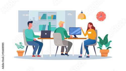 Illustration of office workers collaborating on projects at a desk with computers and plants