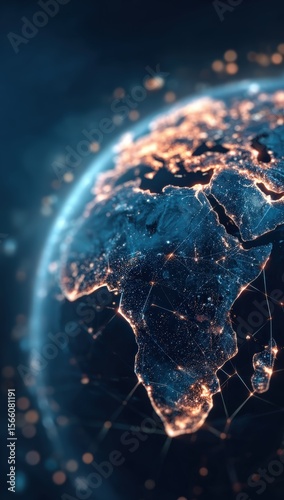 A digital globe displaying illuminated networks and city lights across Africa, Europe, and the Middle East at night.