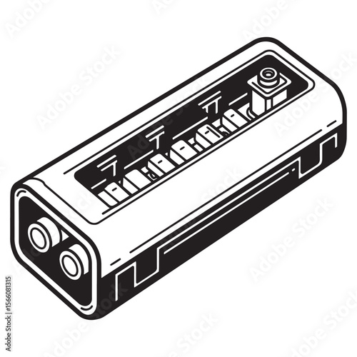 A retro japanese radio device illustration in bold black and white style