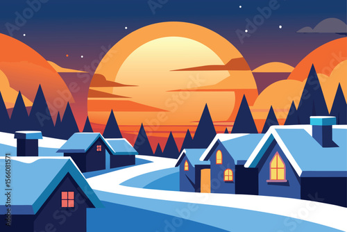 winter landscape with houses and mountains