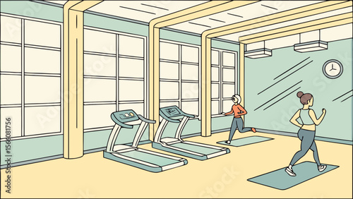 Gym fitness center workout with treadmill exercise and people running for healthy lifestyle concept training