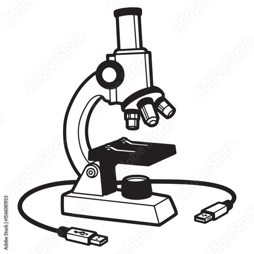 Black and white illustration of a modern microscope with usb connection cable