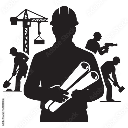 Construction Site Silhouette Illustration – Engineer, Workers, Blueprint & Crane Vector for Industrial Design